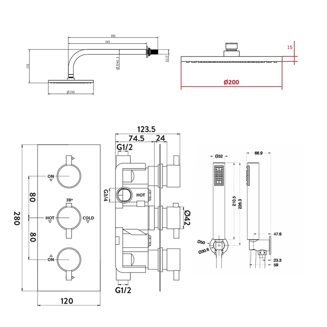Harper Concealed Shower Valve, Fixed Shower Head & Handset - 300mm Ceiling Shower Arm 7 Harper Concealed Shower Valve, Fixed Shower Head & Handset - 300mm Ceiling Shower Arm - Image 5