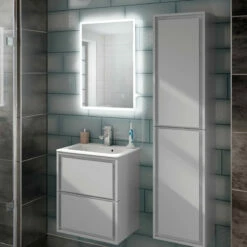 HIB Vega 50 Portrait LED Illuminated Ambient Mirror With Demister & Shaving Socket - 700 X 500mm 8 HIB Vega 50 Portrait LED Illuminated Ambient Mirror With Demister & Shaving Socket - 700 X 500mm -TAP WAREHOUSE Shop hib vega 50 mirror with demister lifestyle 2