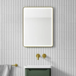 HIX LED Illuminated Brushed Brass Framed Mirror With Demister Pad & Colour Change Lights - 600 X 800mm 16 HIX LED Illuminated Brushed Brass Framed Mirror With Demister Pad & Colour Change Lights - 600 X 800mm -TAP WAREHOUSE Shop hix rectangular mirror led illuminated brushed brass lifestyle