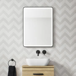 HIX LED Illuminated Brushed Brass Framed Mirror With Demister Pad & Colour Change Lights - 600 X 800mm 17 HIX LED Illuminated Brushed Brass Framed Mirror With Demister Pad & Colour Change Lights - 600 X 800mm -TAP WAREHOUSE Shop hix rectangular mirror led illuminated matt black lifestyle
