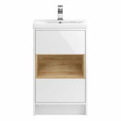 Hudson Reed Coast 500mm Floor Standing Vanity Unit And Basin - White Gloss & Driftwood