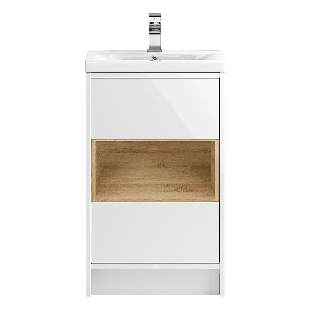 Hudson Reed Coast 500mm Floor Standing Vanity Unit And Basin - White Gloss & Driftwood 3 Hudson Reed Coast 500mm Floor Standing Vanity Unit And Basin - White Gloss & Driftwood