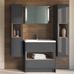 Hudson Reed Coast 600mm Floor Standing Vanity Unit And Basin - Grey Gloss & Driftwood -TAP WAREHOUSE Shop hudson reed coast 600mm floorstanding open shelf vanity lifestyle grey gloss