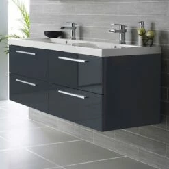 Hudson Reed Quartet 1440mm Wall Mounted Double Basin Vanity Unit - Gloss Grey