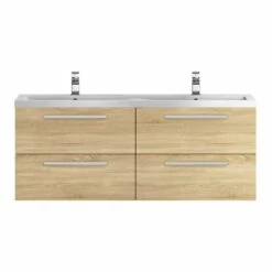 Hudson Reed Quartet 1440mm Wall Mounted Double Basin Vanity Unit - Natural Oak