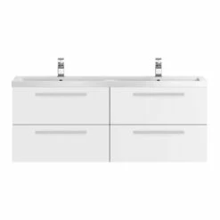 Hudson Reed Quartet 1440mm Wall Mounted Double Basin Vanity Unit - Gloss White