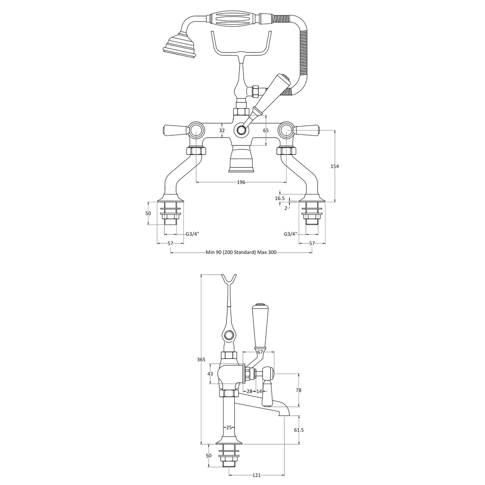 Hudson Reed Black Topaz Lever Deck Mounted Bath Shower Mixer With Handset Kit & Hexagonal Collars 6 Hudson Reed Black Topaz Lever Deck Mounted Bath Shower Mixer With Handset Kit & Hexagonal Collars - Image 4