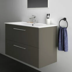 Ideal Standard I.life A 1040mm Wall Mounted 2 Drawer Vanity Unit & Basin - Quartz Grey Matt With Black Handles