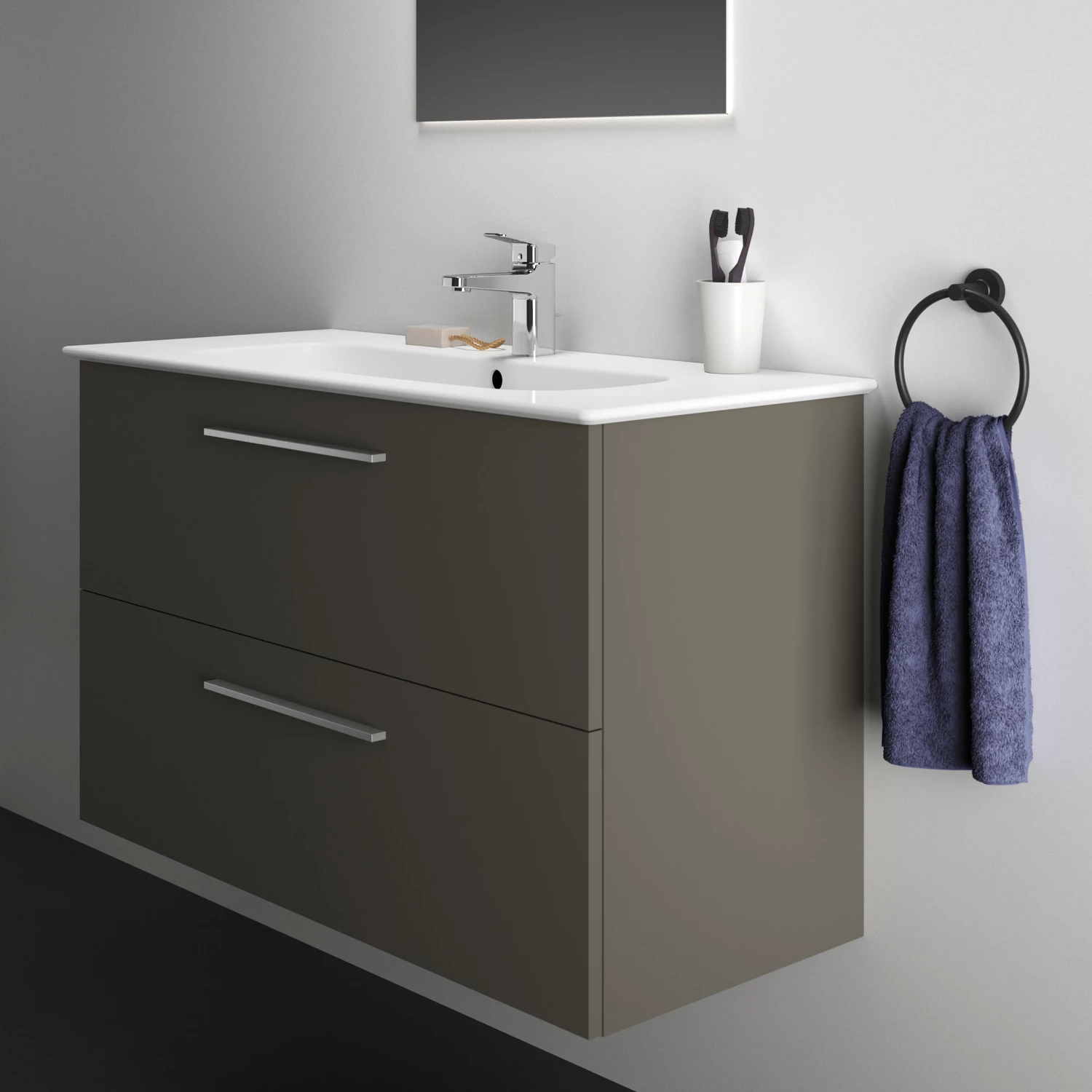 Ideal Standard I.life A 1040mm Wall Mounted 2 Drawer Vanity Unit & Basin - Quartz Grey Matt With Black Handles 3 Ideal Standard I.life A 1040mm Wall Mounted 2 Drawer Vanity Unit & Basin - Quartz Grey Matt With Black Handles