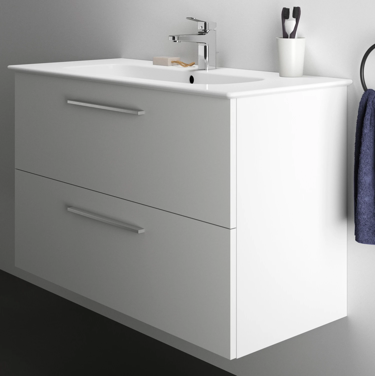 Ideal Standard I.life A 1040mm Wall Mounted 2 Drawer Vanity Unit & Basin - Quartz Grey Matt With Black Handles 4 Ideal Standard I.life A 1040mm Wall Mounted 2 Drawer Vanity Unit & Basin - Quartz Grey Matt With Black Handles - Image 2