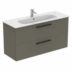 Ideal Standard I.life A 1240mm Wall Mounted 2 Drawer Vanity Unit & Basin - Matt White With Brushed Chrome Handles -TAP WAREHOUSE Shop i.life a 1240 wall 2 drawer vanity unit quartz black cutout