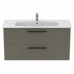 Ideal Standard I.life A 1240mm Wall Mounted 2 Drawer Vanity Unit & Basin - Matt White With Brushed Chrome Handles -TAP WAREHOUSE Shop i.life a 1240 wall 2 drawer vanity unit quartz black front