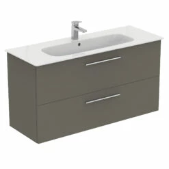 Ideal Standard I.life A 1240mm Wall Mounted 2 Drawer Vanity Unit & Basin - Matt White With Brushed Chrome Handles -TAP WAREHOUSE Shop i.life a 1240 wall 2 drawer vanity unit quartz chrome cutout