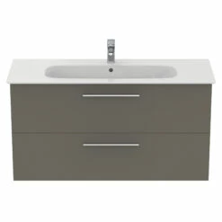 Ideal Standard I.life A 1240mm Wall Mounted 2 Drawer Vanity Unit & Basin - Matt White With Brushed Chrome Handles -TAP WAREHOUSE Shop i.life a 1240 wall 2 drawer vanity unit quartz chrome front