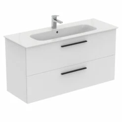 Ideal Standard I.life A 1240mm Wall Mounted 2 Drawer Vanity Unit & Basin - Matt White With Brushed Chrome Handles -TAP WAREHOUSE Shop i.life a 1240 wall 2 drawer vanity unit white black cutout