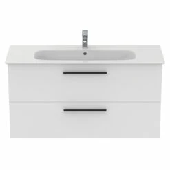 Ideal Standard I.life A 1240mm Wall Mounted 2 Drawer Vanity Unit & Basin - Matt White With Brushed Chrome Handles -TAP WAREHOUSE Shop i.life a 1240 wall 2 drawer vanity unit white black front