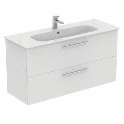 Ideal Standard I.life A 1240mm Wall Mounted 2 Drawer Vanity Unit & Basin - Matt White With Brushed Chrome Handles -TAP WAREHOUSE Shop i.life a 1240 wall 2 drawer vanity unit white chrome cutout