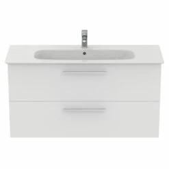 Ideal Standard I.life A 1240mm Wall Mounted 2 Drawer Vanity Unit & Basin - Matt White With Brushed Chrome Handles -TAP WAREHOUSE Shop i.life a 1240 wall 2 drawer vanity unit white chrome front