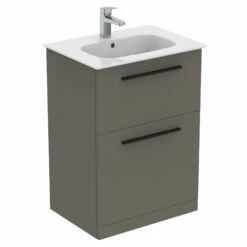 Ideal Standard I.life A 640mm Floorstanding 2 Drawer Vanity Unit & Basin - Matt White With Brushed Chrome Handles -TAP WAREHOUSE Shop i.life a 640 floor 2 drawer vanity unit quartz black cutout