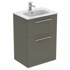 Ideal Standard I.life A 640mm Floorstanding 2 Drawer Vanity Unit & Basin - Matt White With Brushed Chrome Handles -TAP WAREHOUSE Shop i.life a 640 floor 2 drawer vanity unit quartz chrome cutout