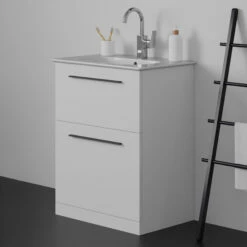 Ideal Standard I.life A 640mm Floorstanding 2 Drawer Vanity Unit & Basin - Matt White With Brushed Chrome Handles