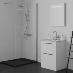 Ideal Standard I.life A 640mm Floorstanding 2 Drawer Vanity Unit & Basin - Matt White With Brushed Chrome Handles -TAP WAREHOUSE Shop i.life a 640 floor 2 drawer vanity unit white black roomset 2