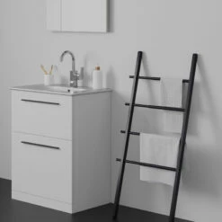 Ideal Standard I.life A 640mm Floorstanding 2 Drawer Vanity Unit & Basin - Matt White With Brushed Chrome Handles -TAP WAREHOUSE Shop i.life a 640 floor 2 drawer vanity unit white black roomset