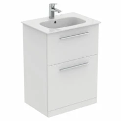 Ideal Standard I.life A 640mm Floorstanding 2 Drawer Vanity Unit & Basin - Matt White With Brushed Chrome Handles -TAP WAREHOUSE Shop i.life a 640 floor 2 drawer vanity unit white chrome cutout