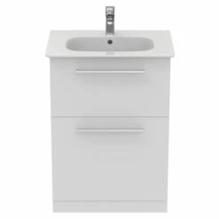 Ideal Standard I.life A 640mm Floorstanding 2 Drawer Vanity Unit & Basin - Matt White With Brushed Chrome Handles -TAP WAREHOUSE Shop i.life a 640 floor 2 drawer vanity unit white chrome front