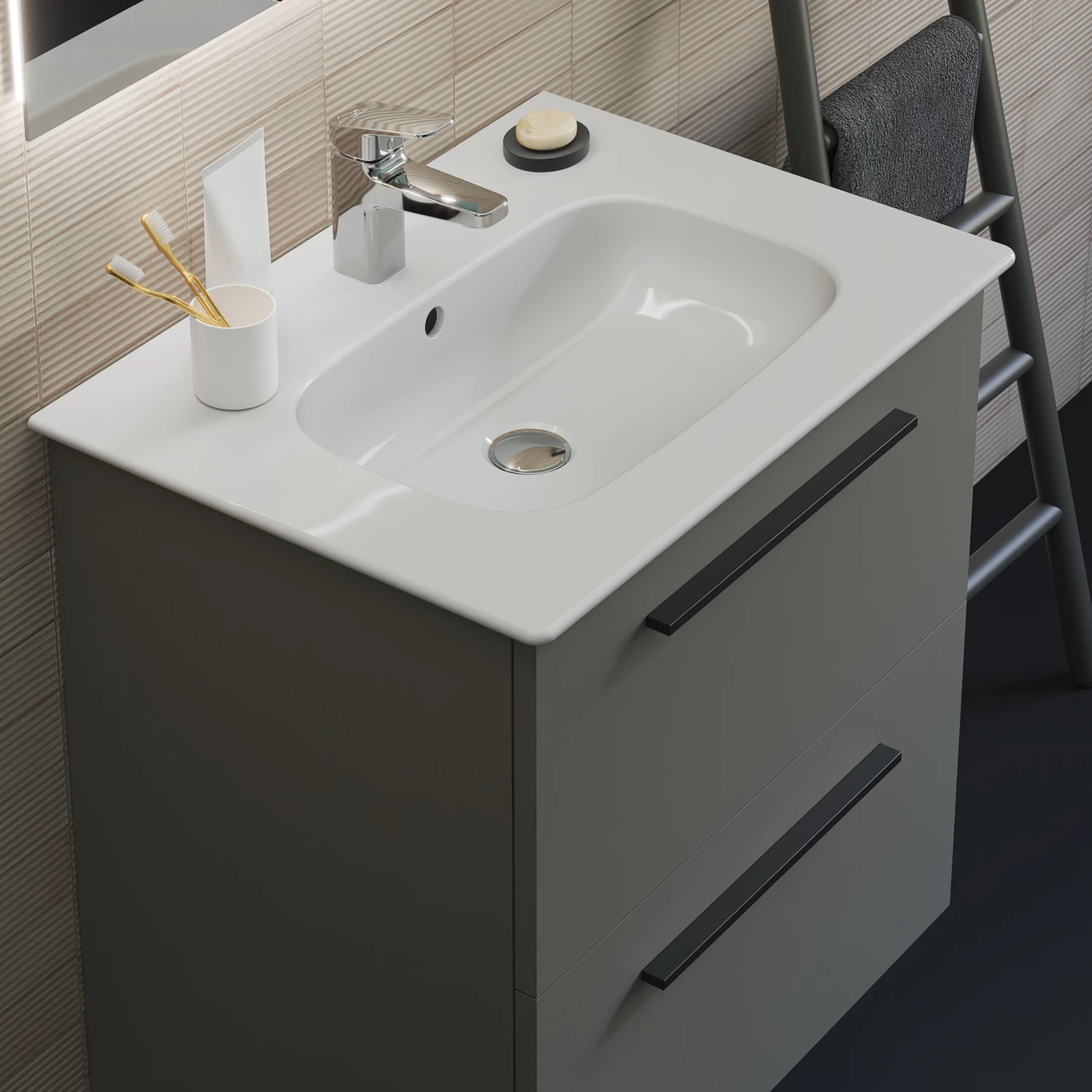 Ideal Standard I.life A 640mm Wall Mounted 2 Drawer Vanity Unit & Basin - Matt White With Brushed Chrome Handles 5 Ideal Standard I.life A 640mm Wall Mounted 2 Drawer Vanity Unit & Basin - Matt White With Brushed Chrome Handles - Image 3