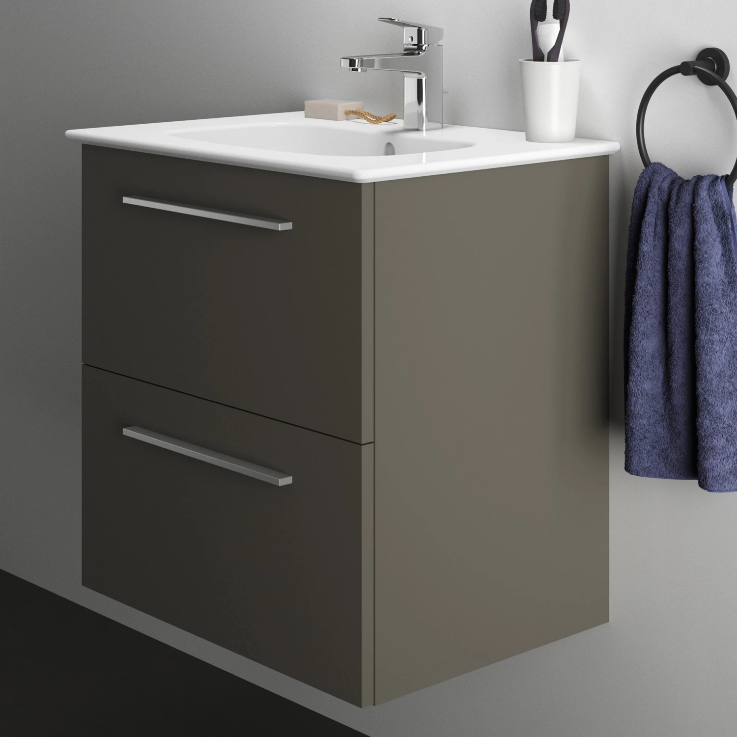 Ideal Standard I.life A 640mm Wall Mounted 2 Drawer Vanity Unit & Basin - Matt White With Brushed Chrome Handles 4 Ideal Standard I.life A 640mm Wall Mounted 2 Drawer Vanity Unit & Basin - Matt White With Brushed Chrome Handles - Image 2