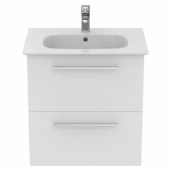 Ideal Standard I.life A 640mm Wall Mounted 2 Drawer Vanity Unit & Basin - Matt White With Brushed Chrome Handles 24 Ideal Standard I.life A 640mm Wall Mounted 2 Drawer Vanity Unit & Basin - Matt White With Brushed Chrome Handles -TAP WAREHOUSE Shop i.life a 640 wall 2 drawer vanity unit white chrome front