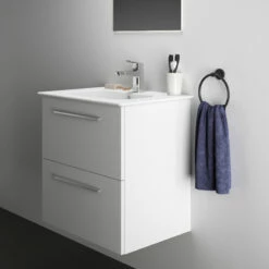 Ideal Standard I.life A 640mm Wall Mounted 2 Drawer Vanity Unit & Basin - Matt White With Brushed Chrome Handles 29 Ideal Standard I.life A 640mm Wall Mounted 2 Drawer Vanity Unit & Basin - Matt White With Brushed Chrome Handles -TAP WAREHOUSE Shop i.life a 640 wall 2 drawer vanity unit white chrome lifestyle 2