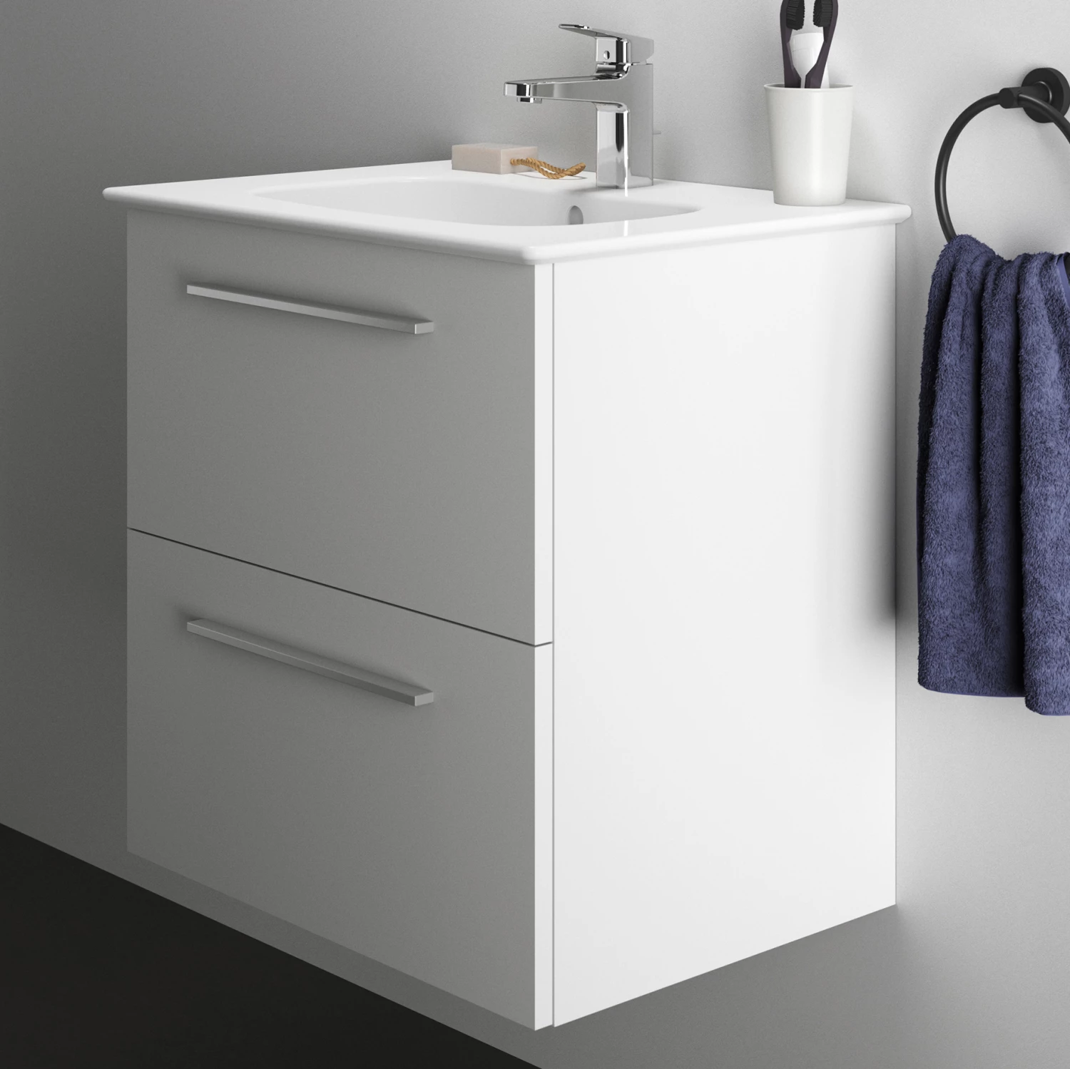 Ideal Standard I.life A 640mm Wall Mounted 2 Drawer Vanity Unit & Basin - Matt White With Brushed Chrome Handles 3 Ideal Standard I.life A 640mm Wall Mounted 2 Drawer Vanity Unit & Basin - Matt White With Brushed Chrome Handles