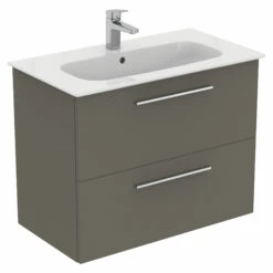 Ideal Standard I.life A 840mm Wall Mounted 2 Drawer Vanity Unit & Basin - Matt White With Brushed Chrome Handles 21 Ideal Standard I.life A 840mm Wall Mounted 2 Drawer Vanity Unit & Basin - Matt White With Brushed Chrome Handles -TAP WAREHOUSE Shop i.life a 840 wall 2 drawer vanity unit quartz chrome cutout