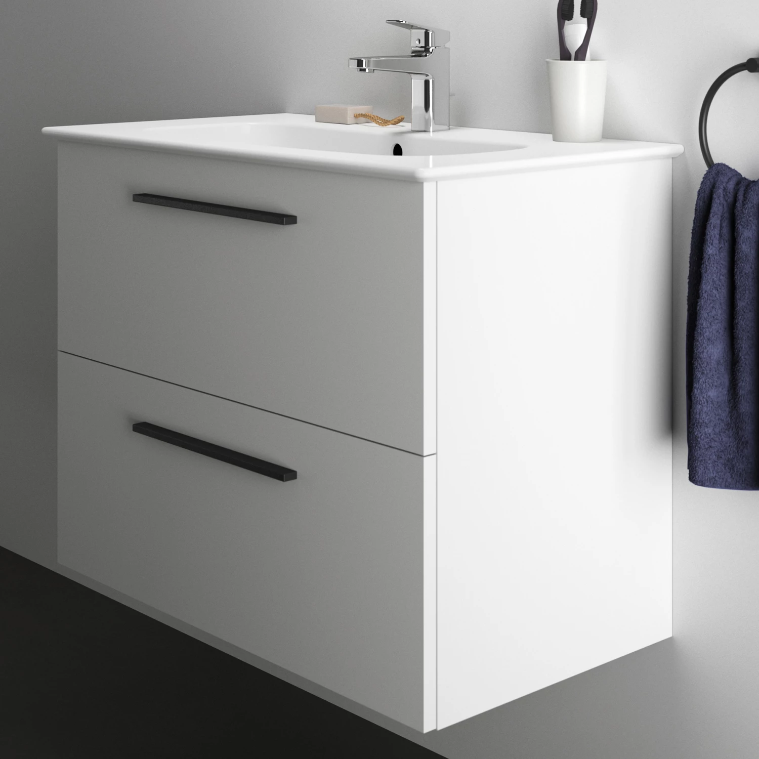 Ideal Standard I.life A 840mm Wall Mounted 2 Drawer Vanity Unit & Basin - Matt White With Brushed Chrome Handles 4 Ideal Standard I.life A 840mm Wall Mounted 2 Drawer Vanity Unit & Basin - Matt White With Brushed Chrome Handles - Image 2