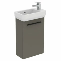 Ideal Standard I.life S 450mm Cloakroom Wall Mounted 1 Door Vanity Unit & Basin - Matt White With Brushed Chrome Handle -TAP WAREHOUSE Shop i.life s 450 small wall 1 door vanity unit quartz black cutout