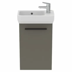 Ideal Standard I.life S 450mm Cloakroom Wall Mounted 1 Door Vanity Unit & Basin - Matt White With Brushed Chrome Handle -TAP WAREHOUSE Shop i.life s 450 small wall 1 door vanity unit quartz black front