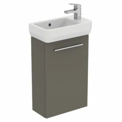 Ideal Standard I.life S 450mm Cloakroom Wall Mounted 1 Door Vanity Unit & Basin - Matt White With Brushed Chrome Handle -TAP WAREHOUSE Shop i.life s 450 small wall 1 door vanity unit quartz chrome cutout