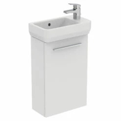 Ideal Standard I.life S 450mm Cloakroom Wall Mounted 1 Door Vanity Unit & Basin - Matt White With Brushed Chrome Handle -TAP WAREHOUSE Shop i.life s 450 small wall 1 door vanity unit white chrome cutout