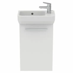 Ideal Standard I.life S 450mm Cloakroom Wall Mounted 1 Door Vanity Unit & Basin - Matt White With Brushed Chrome Handle -TAP WAREHOUSE Shop i.life s 450 small wall 1 door vanity unit white chrome front
