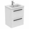 Ideal Standard I.life S 500mm Wall Mounted 2 Drawer Compact Vanity Unit & Basin - Matt White With Black Handles -TAP WAREHOUSE Shop i.life s 500 wall 2 drawer vanity unit white black cutout