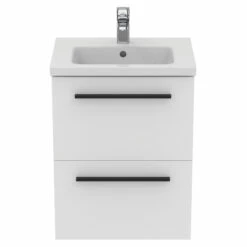 Ideal Standard I.life S 500mm Wall Mounted 2 Drawer Compact Vanity Unit & Basin - Matt White With Black Handles 12 Ideal Standard I.life S 500mm Wall Mounted 2 Drawer Compact Vanity Unit & Basin - Matt White With Black Handles -TAP WAREHOUSE Shop i.life s 500 wall 2 drawer vanity unit white black front