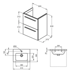 Ideal Standard I.life S 500mm Wall Mounted 2 Drawer Compact Vanity Unit & Basin - Matt White With Black Handles 19 Ideal Standard I.life S 500mm Wall Mounted 2 Drawer Compact Vanity Unit & Basin - Matt White With Black Handles -TAP WAREHOUSE Shop i.life s 500 wall hung 2 drawer vanity unit basin tech