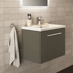 Ideal Standard I.life S 600mm Wall Mounted 1 Drawer Compact Vanity Unit & Basin - Quartz Grey Matt With Brushed Chrome Handle 18 Ideal Standard I.life S 600mm Wall Mounted 1 Drawer Compact Vanity Unit & Basin - Quartz Grey Matt With Brushed Chrome Handle -TAP WAREHOUSE Shop i.life s 600 wall 1 drawer vanity unit quartz chrome lifestyle 2