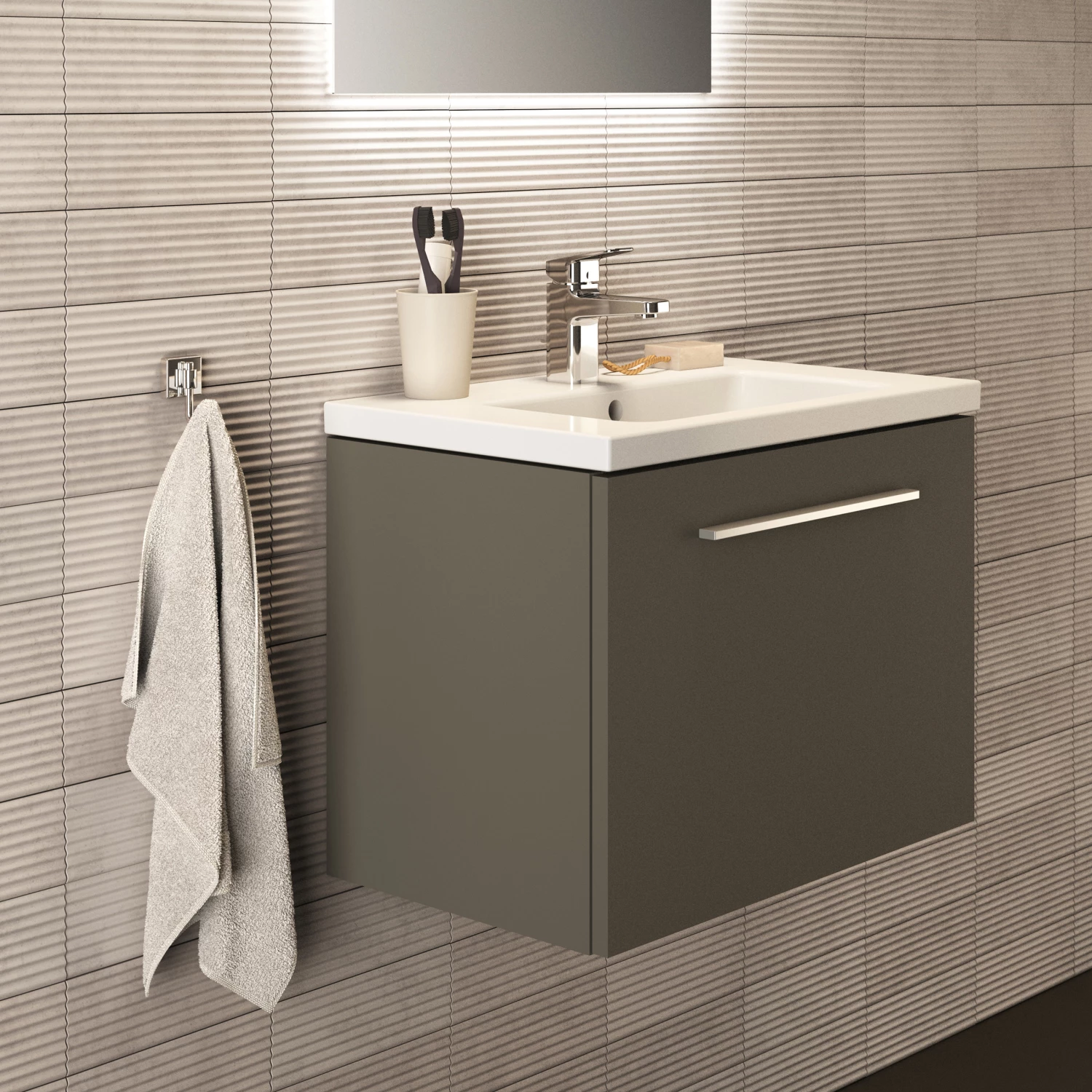 Ideal Standard I.life S 600mm Wall Mounted 1 Drawer Compact Vanity Unit & Basin - Quartz Grey Matt With Brushed Chrome Handle 6 Ideal Standard I.life S 600mm Wall Mounted 1 Drawer Compact Vanity Unit & Basin - Quartz Grey Matt With Brushed Chrome Handle - Image 4