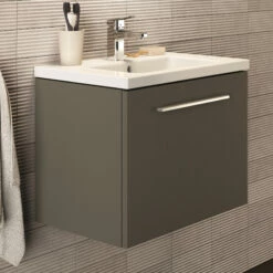 Ideal Standard I.life S 600mm Wall Mounted 1 Drawer Compact Vanity Unit & Basin - Quartz Grey Matt With Brushed Chrome Handle 17 Ideal Standard I.life S 600mm Wall Mounted 1 Drawer Compact Vanity Unit & Basin - Quartz Grey Matt With Brushed Chrome Handle -TAP WAREHOUSE Shop i.life s 600 wall 1 drawer vanity unit quartz chrome lifestyle