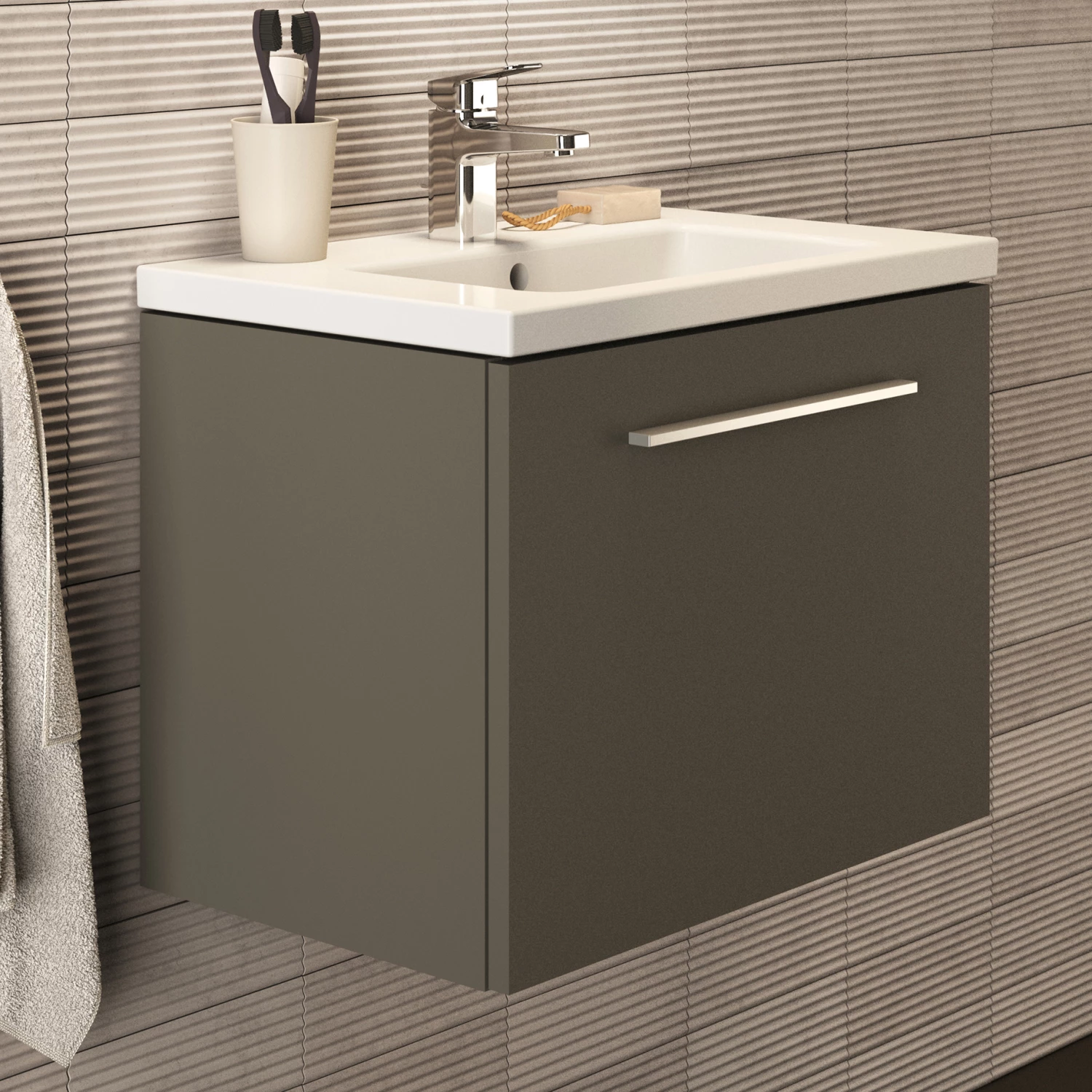 Ideal Standard I.life S 600mm Wall Mounted 1 Drawer Compact Vanity Unit & Basin - Quartz Grey Matt With Brushed Chrome Handle 5 Ideal Standard I.life S 600mm Wall Mounted 1 Drawer Compact Vanity Unit & Basin - Quartz Grey Matt With Brushed Chrome Handle - Image 3