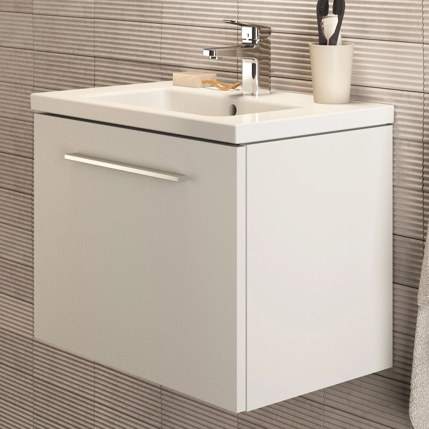 Ideal Standard I.life S 600mm Wall Mounted 1 Drawer Compact Vanity Unit & Basin - Quartz Grey Matt With Brushed Chrome Handle 3 Ideal Standard I.life S 600mm Wall Mounted 1 Drawer Compact Vanity Unit & Basin - Quartz Grey Matt With Brushed Chrome Handle
