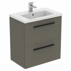 Ideal Standard I.life S 600mm Wall Mounted 2 Drawer Compact Vanity Unit & Basin - Quartz Grey Matt With Black Handles 15 Ideal Standard I.life S 600mm Wall Mounted 2 Drawer Compact Vanity Unit & Basin - Quartz Grey Matt With Black Handles -TAP WAREHOUSE Shop i.life s 600 wall 2 drawer vanity unit quartz black cutout